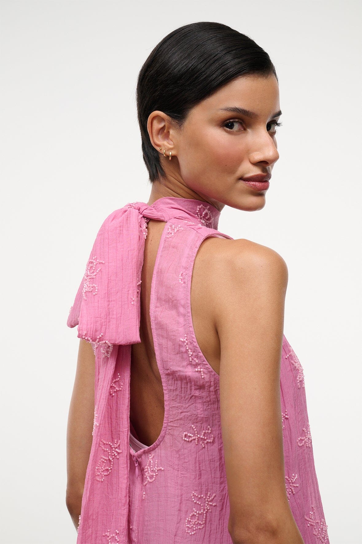 STAUD Dresses|Clothing Albee Mini Dress In Beaded Pink Organza With Neck Tie Detail