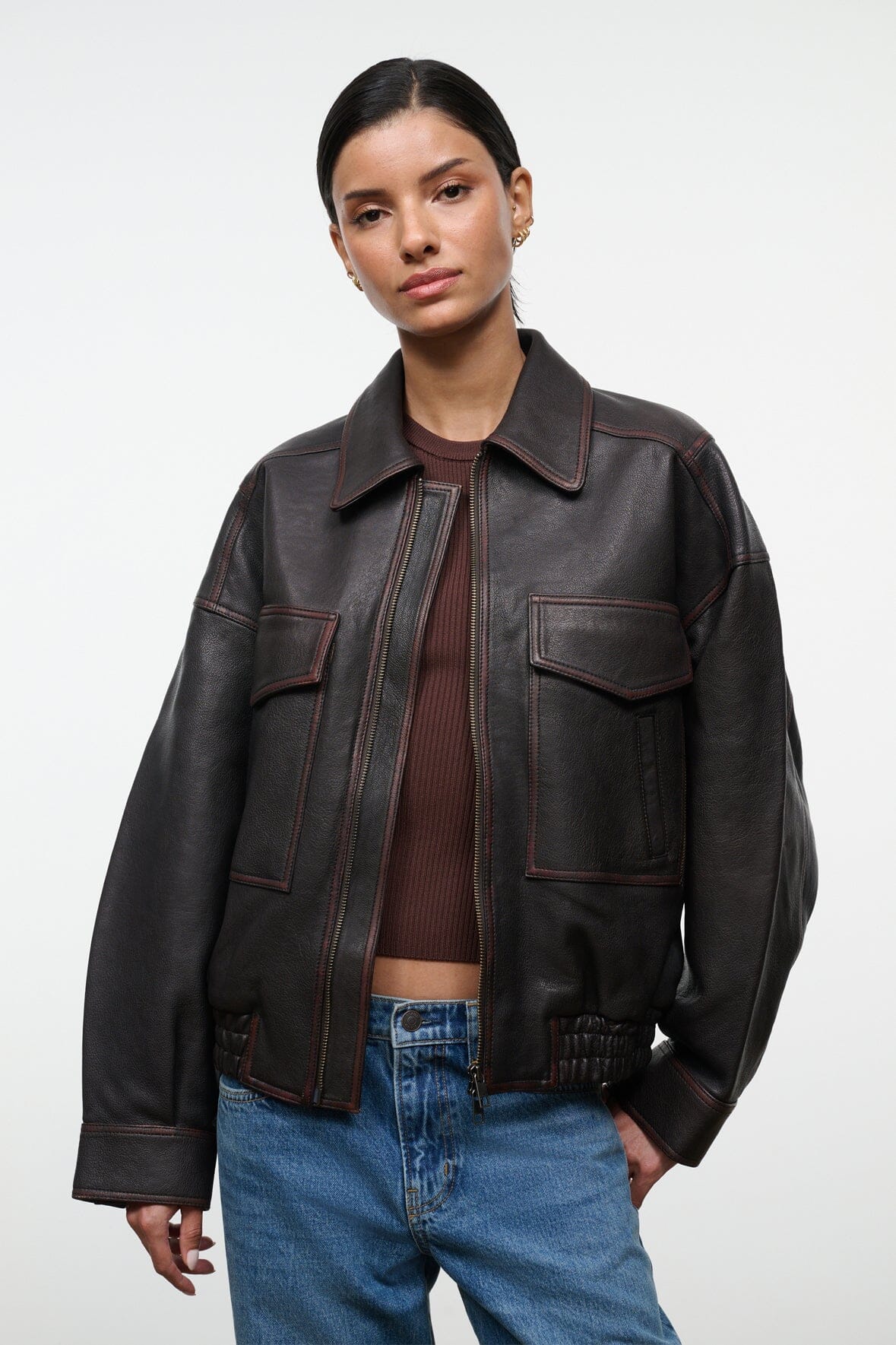 STAUD Clothing Eugene Leather Jacket Distressed Brown