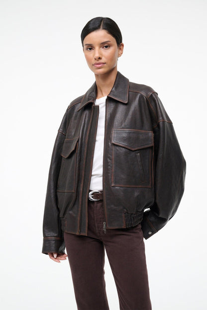 STAUD Clothing Eugene Leather Jacket Distressed Brown