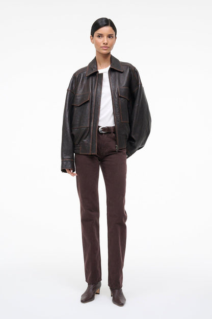 STAUD Clothing Eugene Leather Jacket Distressed Brown