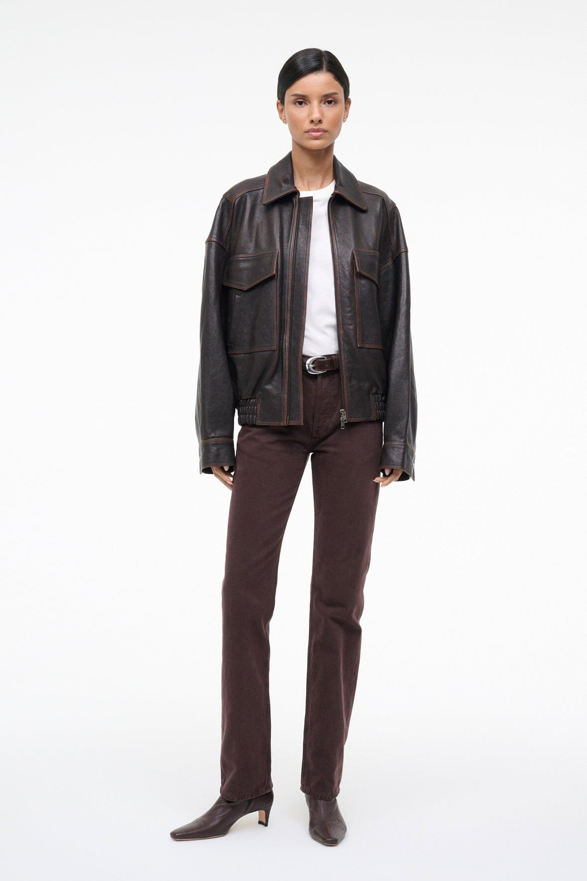 STAUD Clothing Eugene Leather Jacket Distressed Brown