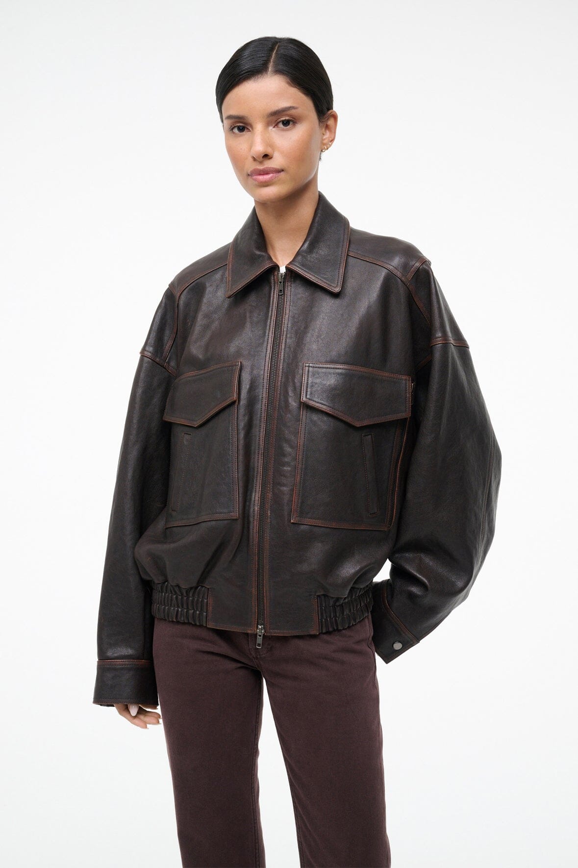 STAUD Clothing Eugene Leather Jacket Distressed Brown