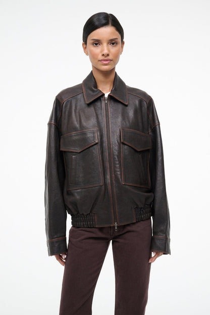 STAUD Clothing Eugene Leather Jacket Distressed Brown