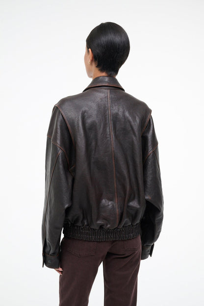 STAUD Clothing Eugene Leather Jacket Distressed Brown