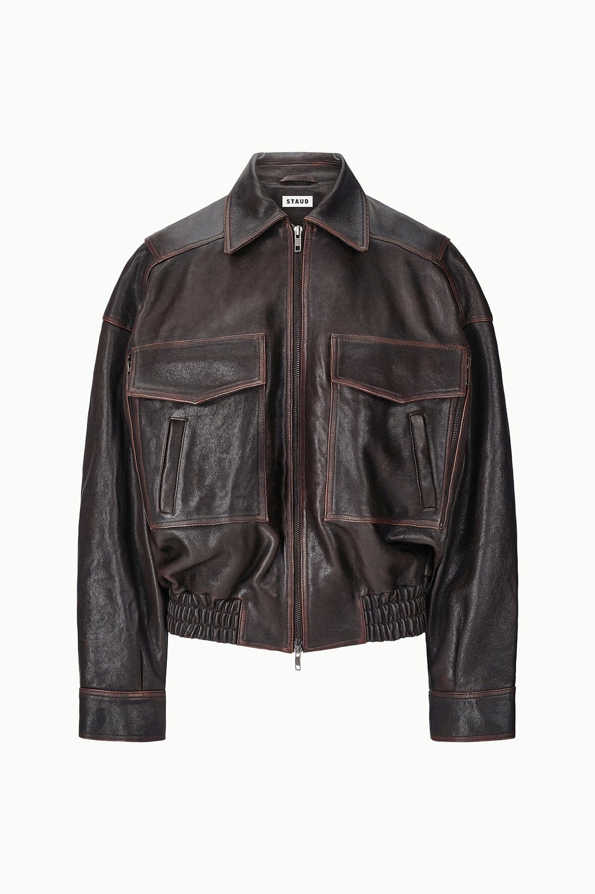 STAUD Clothing Eugene Leather Jacket Distressed Brown