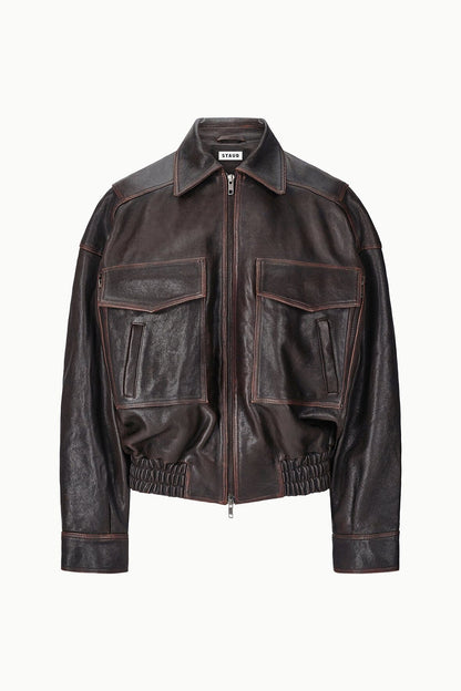 STAUD Clothing Eugene Leather Jacket Distressed Brown