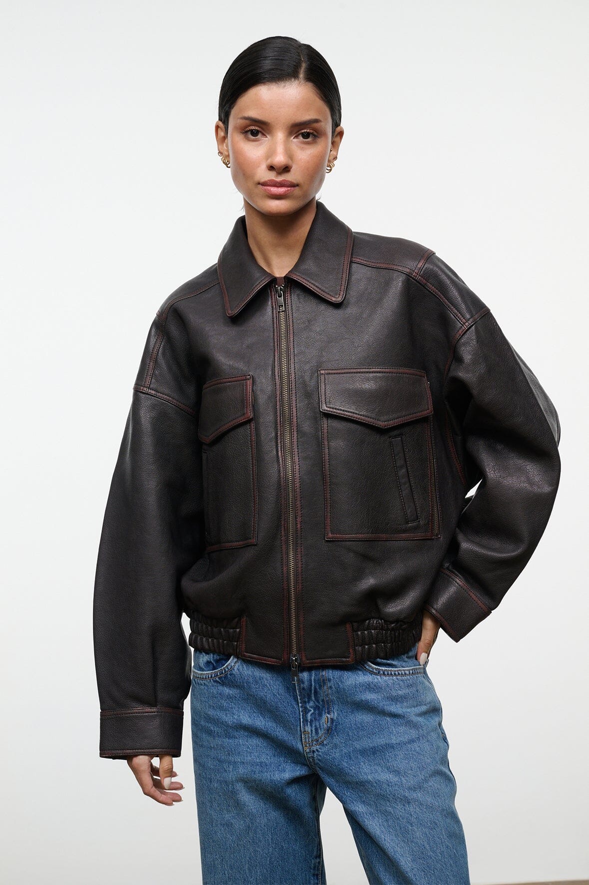 STAUD Clothing Eugene Leather Jacket Distressed Brown
