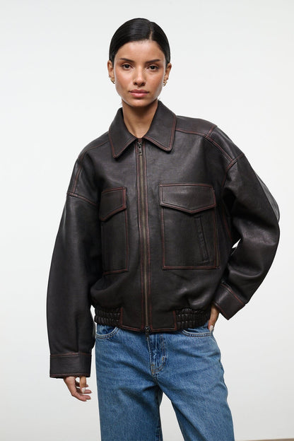 STAUD Clothing Eugene Leather Jacket Distressed Brown