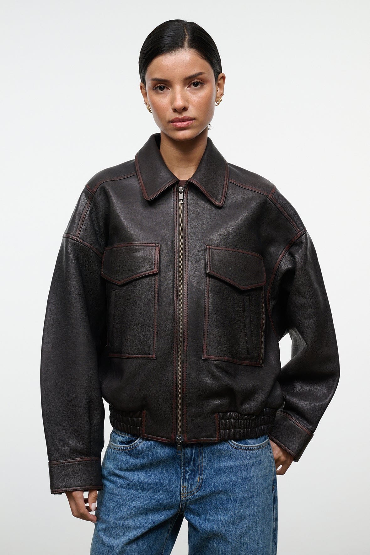 STAUD Clothing Eugene Leather Jacket Distressed Brown