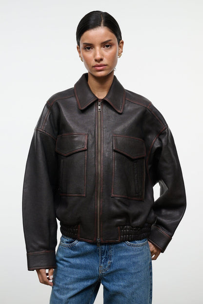 STAUD Clothing Eugene Leather Jacket Distressed Brown
