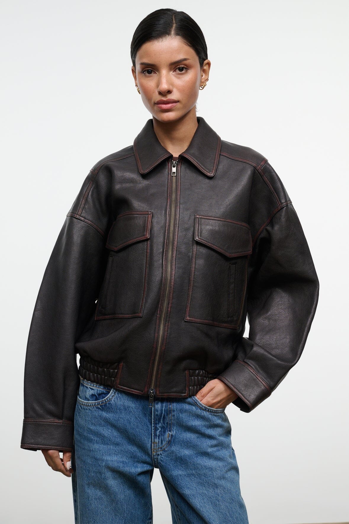 STAUD Clothing Eugene Leather Jacket Distressed Brown