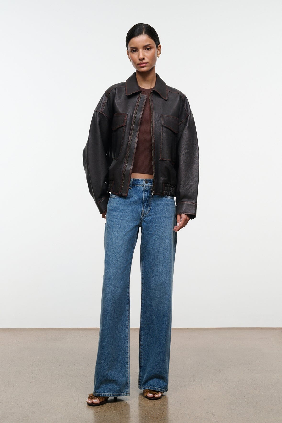 STAUD Clothing Eugene Leather Jacket Distressed Brown