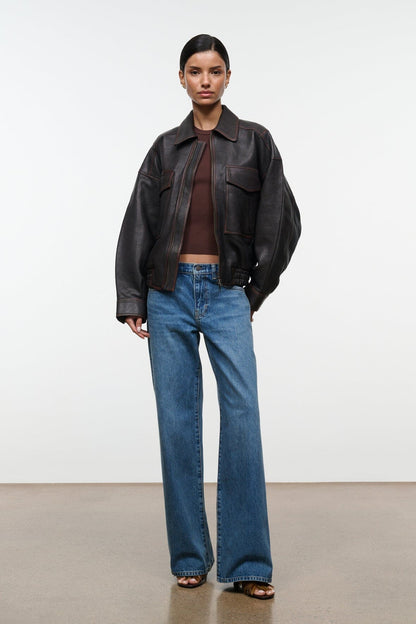 STAUD Clothing Eugene Leather Jacket Distressed Brown