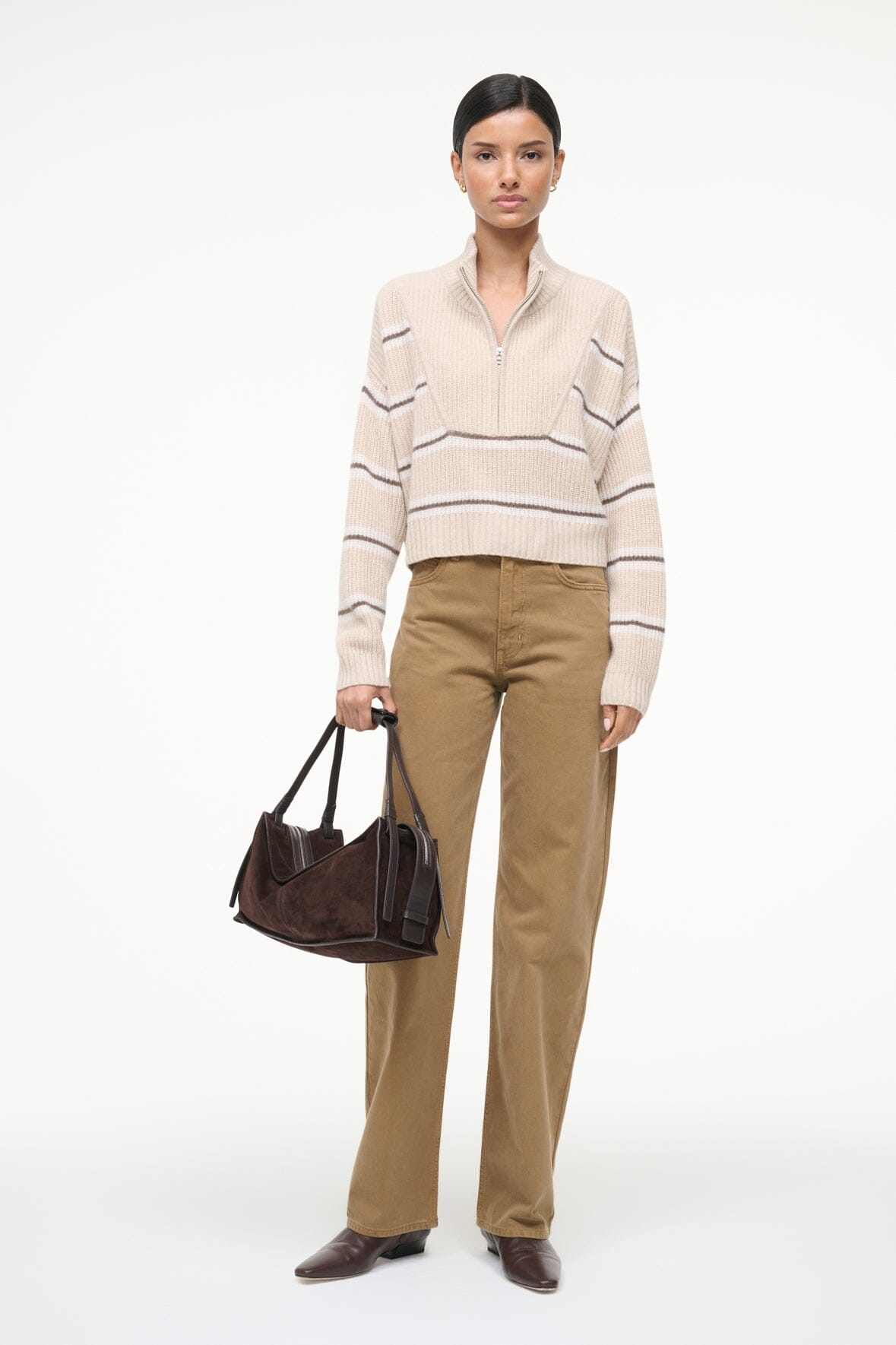 STAUD Clothing Cashmere Cropped Hampton Sweater Whisper Stripe
