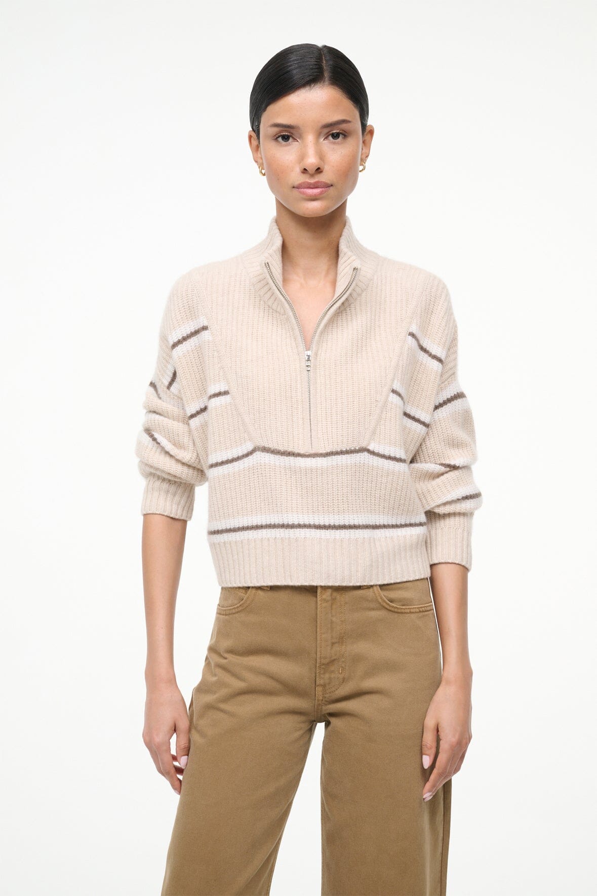 STAUD Clothing Cashmere Cropped Hampton Sweater Whisper Stripe