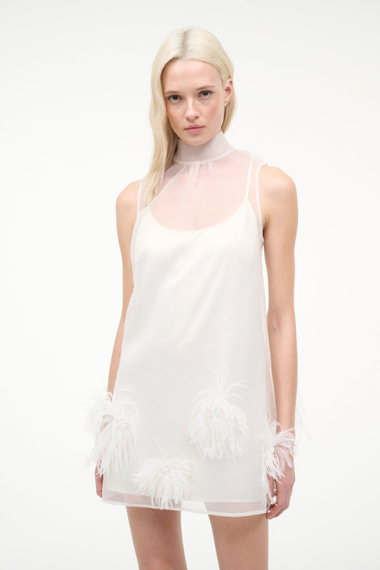 STAUD Dresses|Clothing Albee Mini Dress In White - Sheer Organza With Feathers