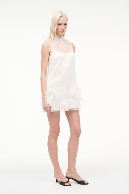 STAUD Dresses|Clothing Albee Mini Dress In White - Sheer Organza With Feathers