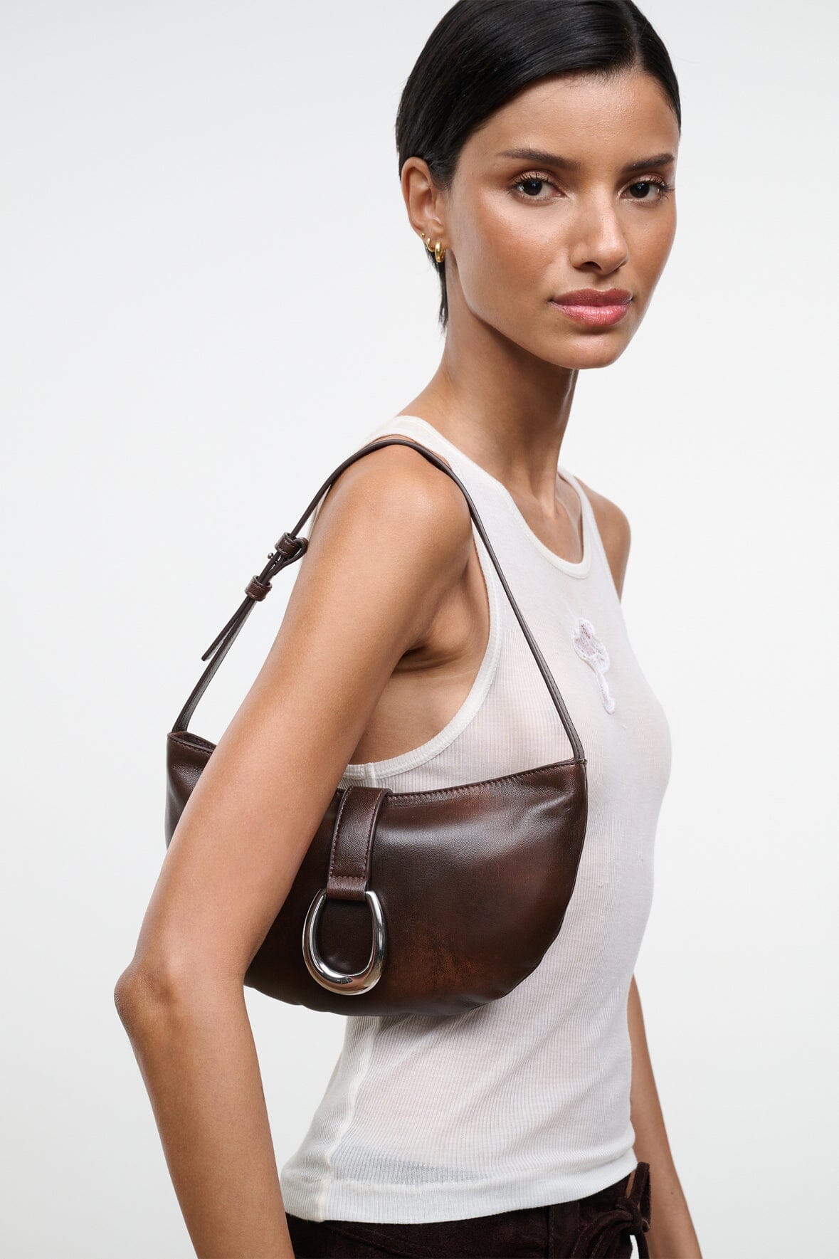 STAUD Handbags Harlow Crescent Shoulder Bag Espresso Distressed
