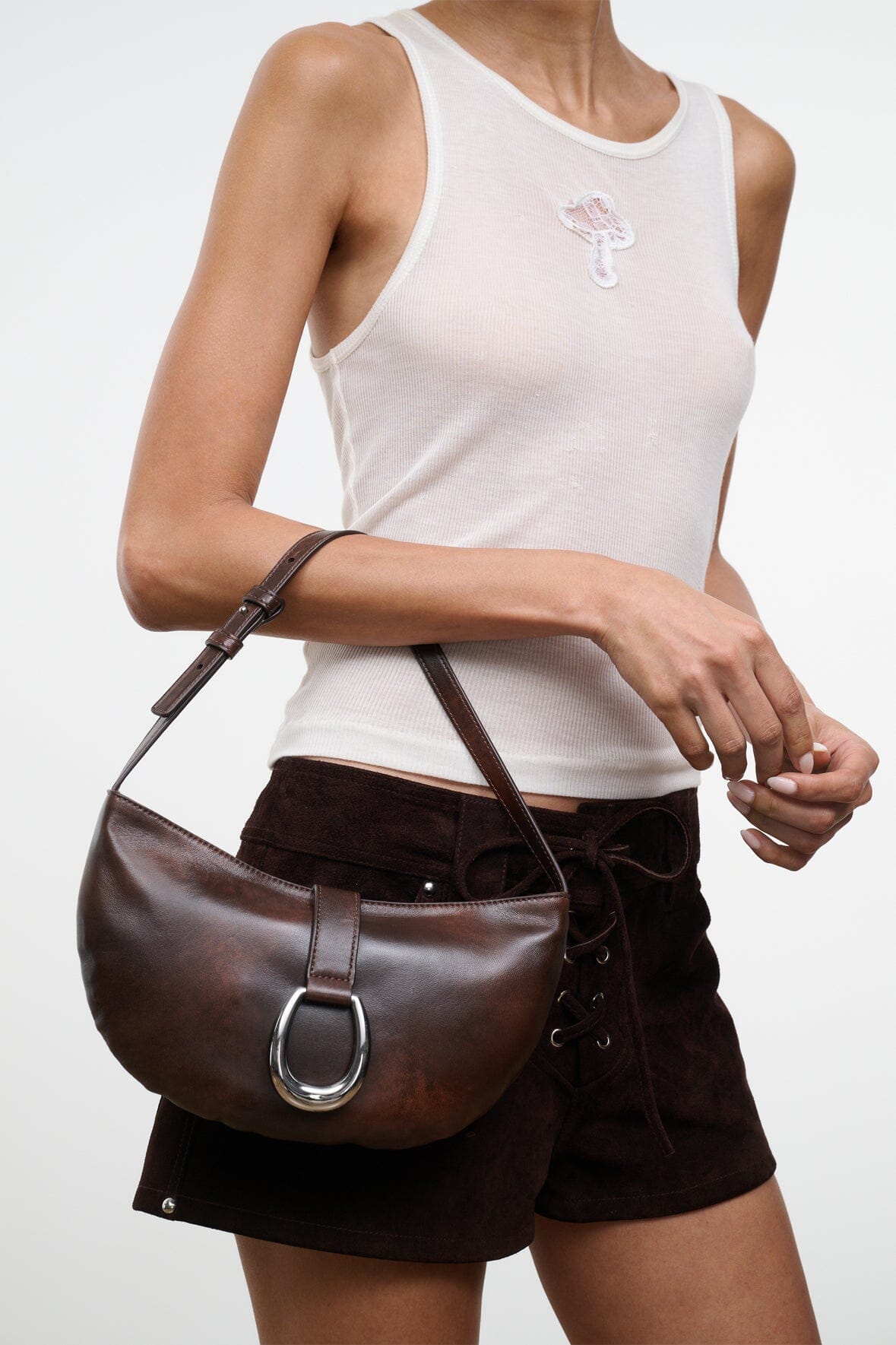STAUD Handbags Harlow Crescent Shoulder Bag Espresso Distressed