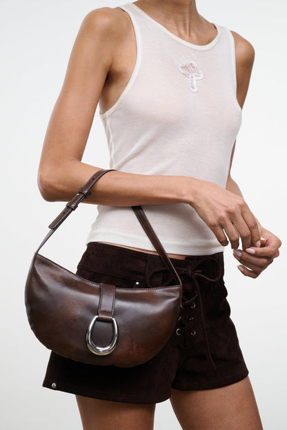 STAUD Handbags Harlow Crescent Shoulder Bag Espresso Distressed