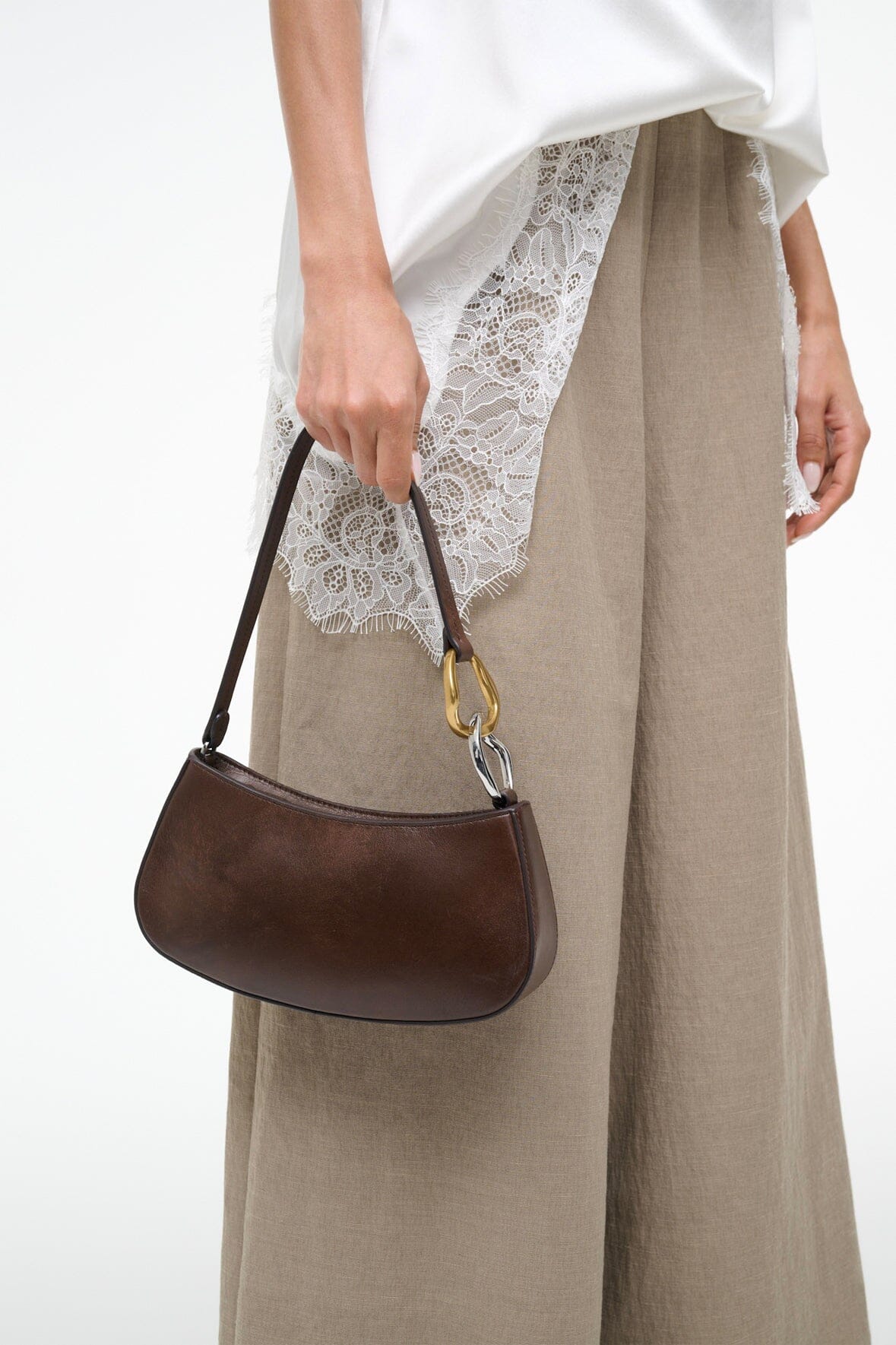 STAUD Handbags Ollie Bag Espresso Leather Metallic Shoulder Bag - Staud