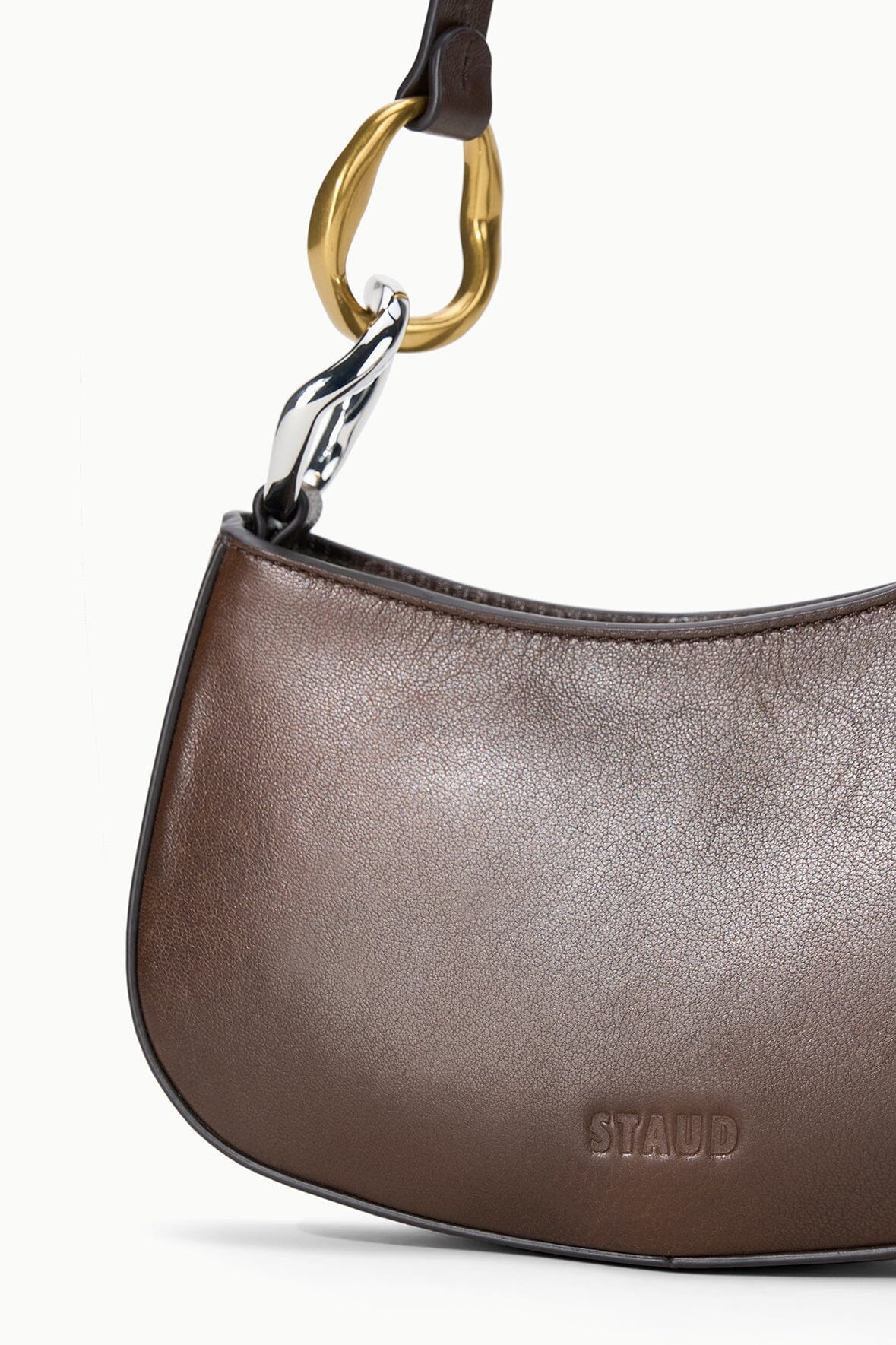 STAUD Handbags Ollie Bag Espresso Leather Metallic Shoulder Bag - Staud