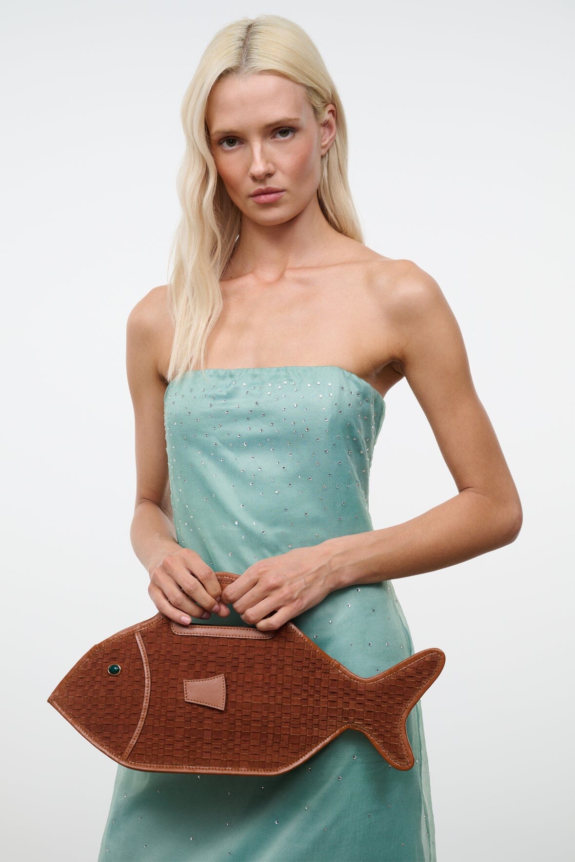 STAUD Handbags Cleo Fish Bag In Tabac - Unique Woven Suede Design