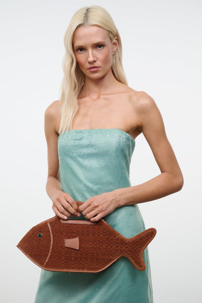 STAUD Handbags Cleo Fish Bag In Tabac - Unique Woven Suede Design