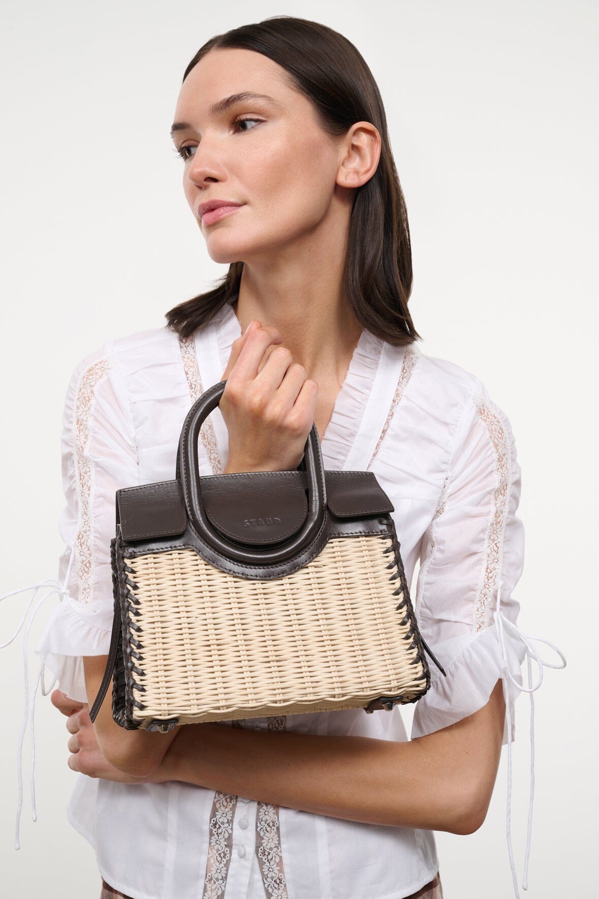 STAUD Handbags Maude Mini Wicker Carryall Natural Espresso