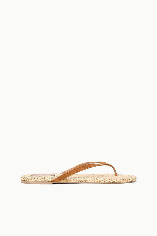 STAUD Shoes Tan Suede Freja Flip Flop Sandals With Raffia Footbed