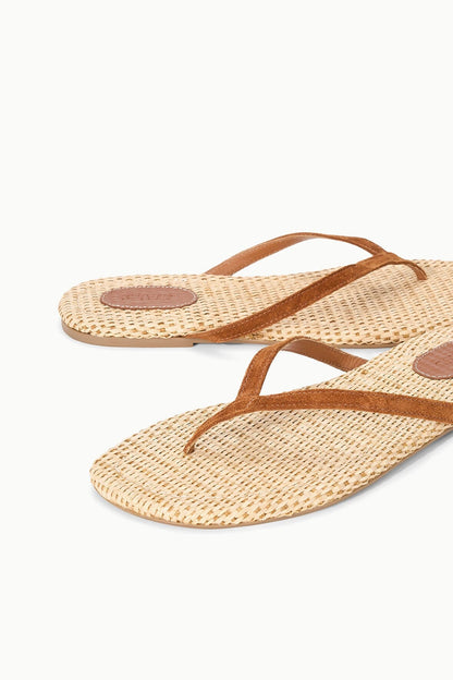 STAUD Shoes Tan Suede Freja Flip Flop Sandals With Raffia Footbed