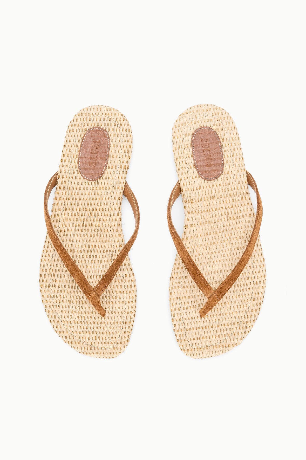 STAUD Shoes Tan Suede Freja Flip Flop Sandals With Raffia Footbed