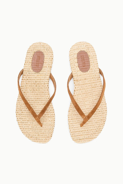 STAUD Shoes Tan Suede Freja Flip Flop Sandals With Raffia Footbed