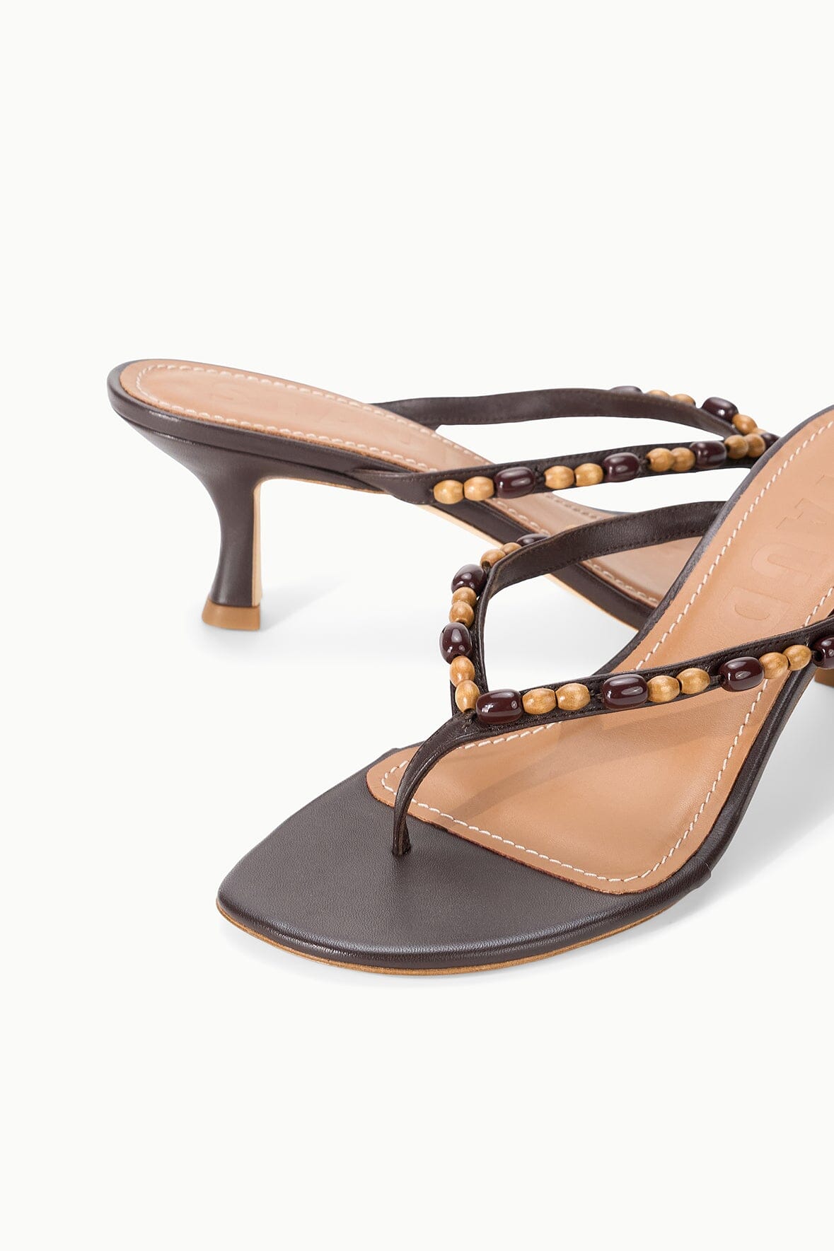 STAUD Shoes Freja Brown Kitten Heel With Wood Bead Straps - Staud