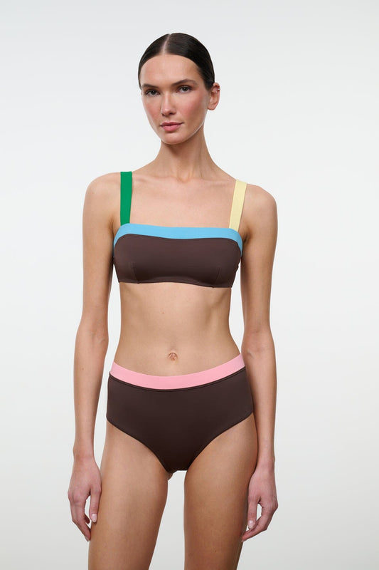 STAUD Swimwear Devon High Rise Bikini Bottom Dark Chocolate Multi