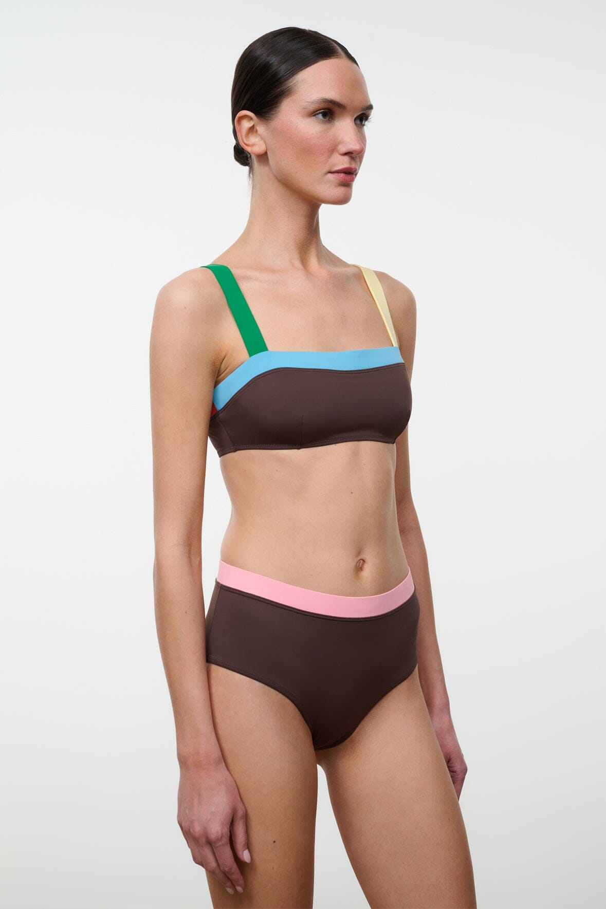 STAUD Swimwear Devon High Rise Bikini Bottom Dark Chocolate Multi