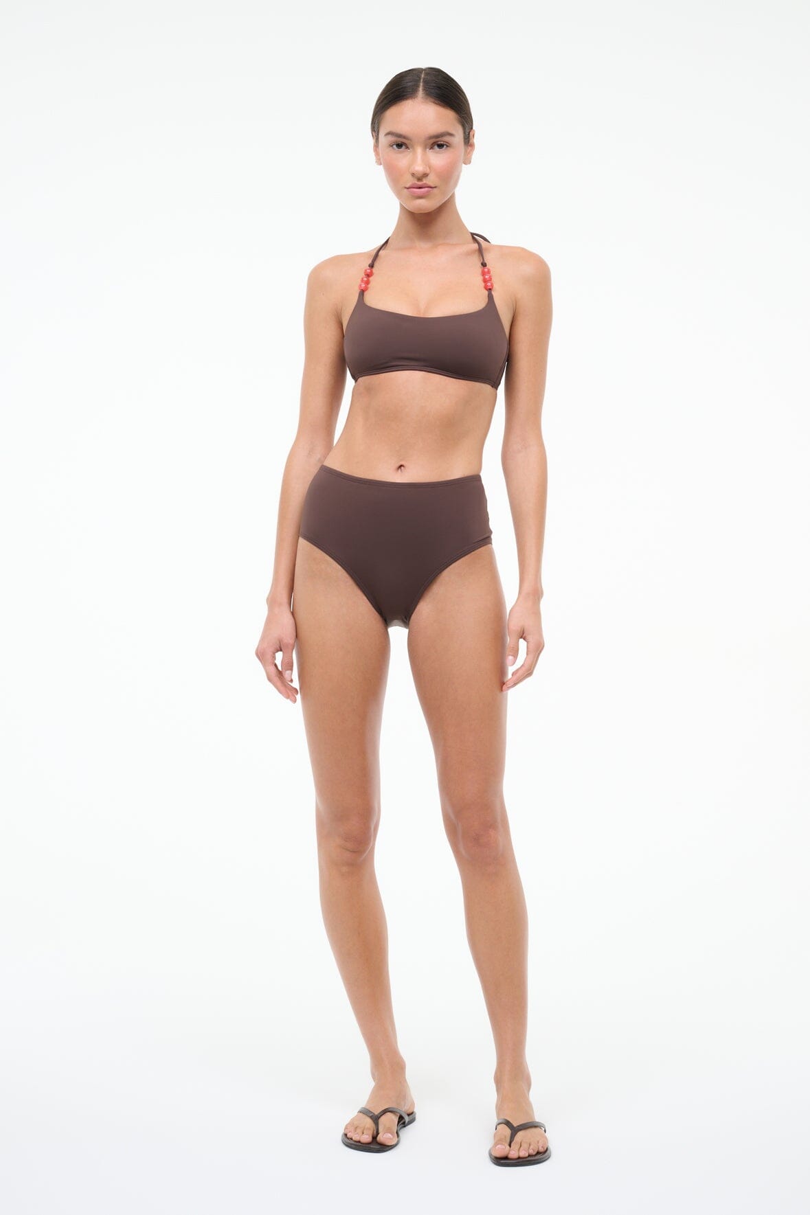 STAUD Swimwear Devon High Rise Bikini Bottom Dark Chocolate