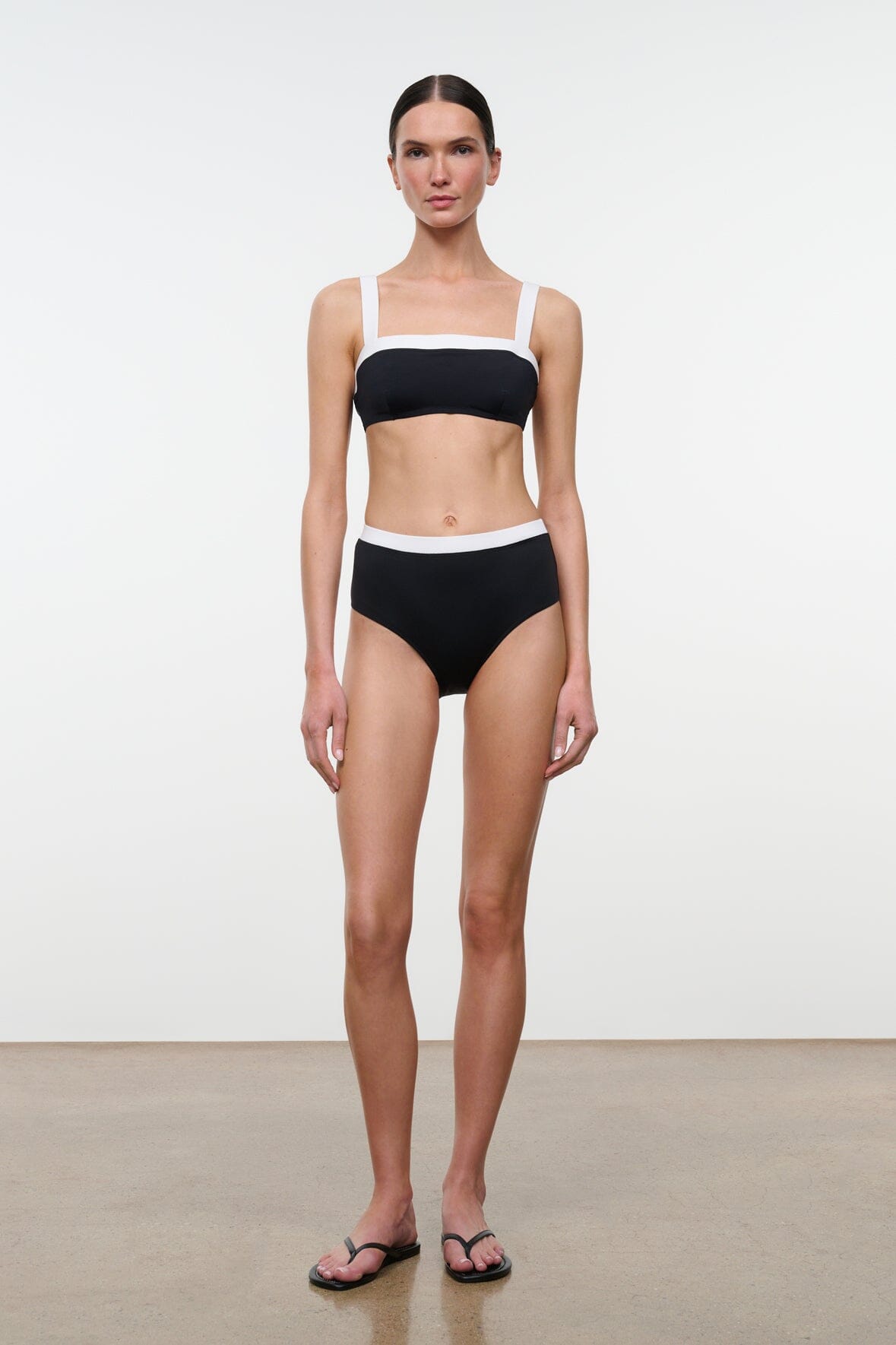 STAUD Swimwear Devon High Rise Bikini Bottom Black White