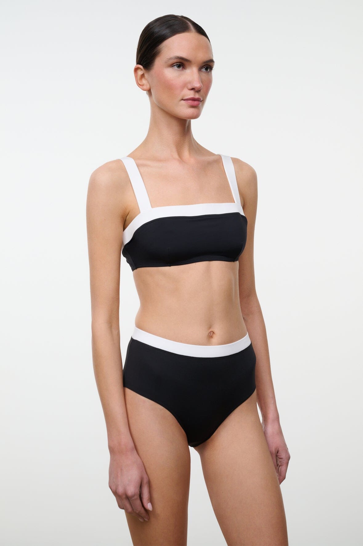 STAUD Swimwear Devon High Rise Bikini Bottom Black White