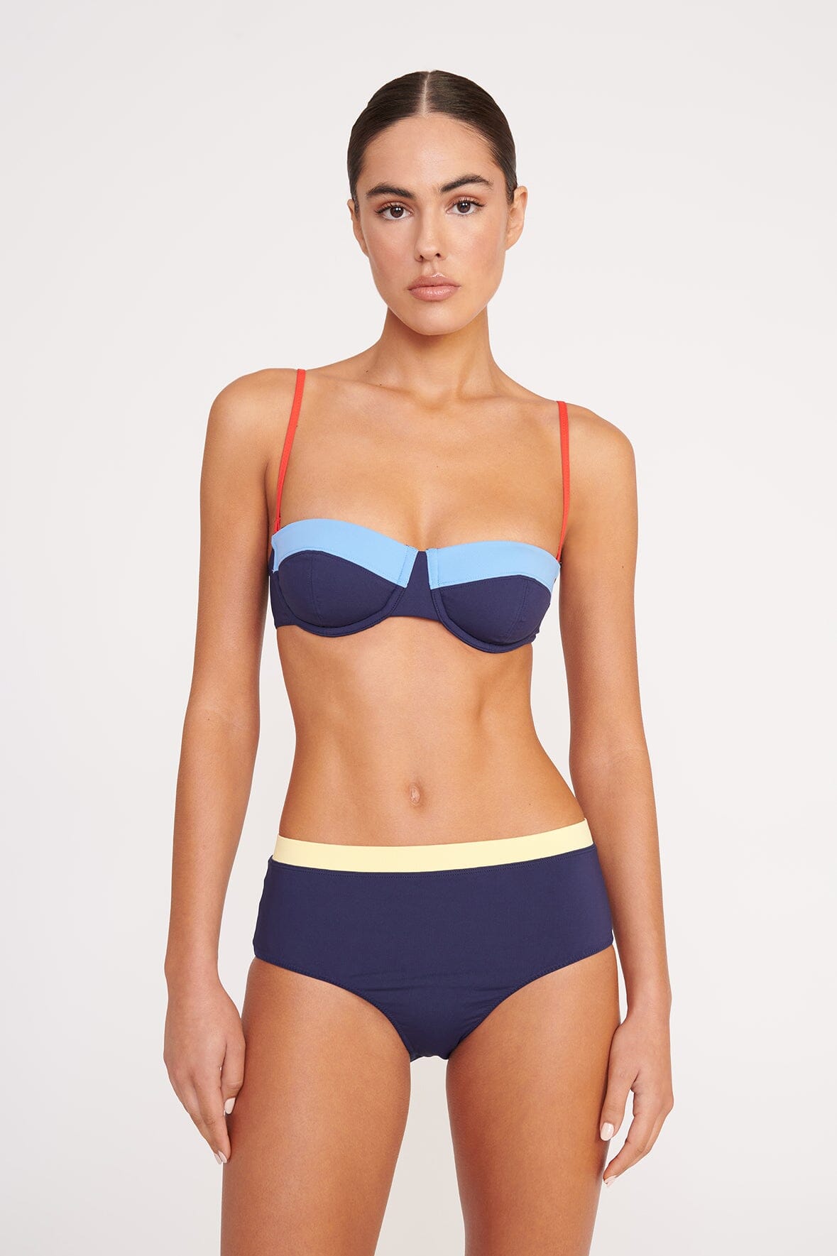 STAUD Swimwear Devon High Rise Bikini Bottom Navy Colorblock