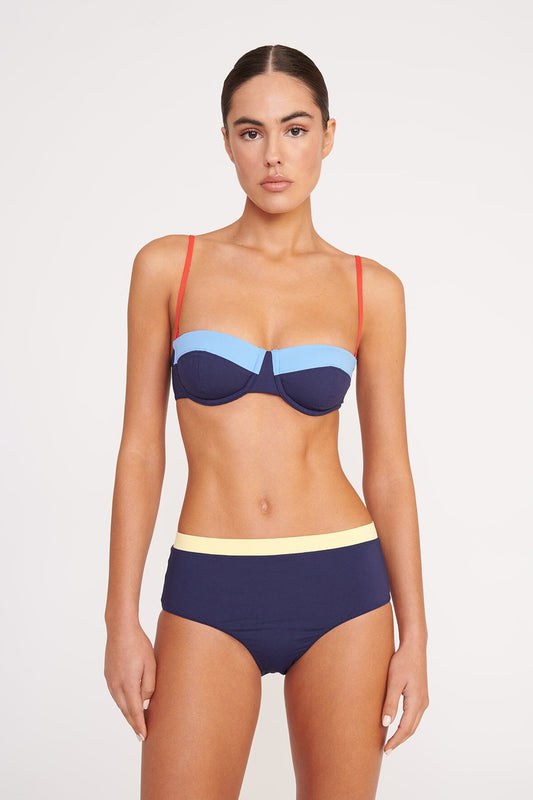 STAUD Swimwear Devon High Rise Bikini Bottom Navy Colorblock