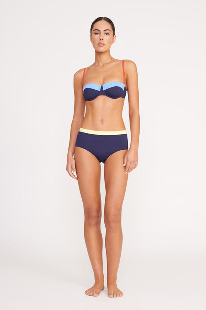 STAUD Swimwear Devon High Rise Bikini Bottom Navy Colorblock