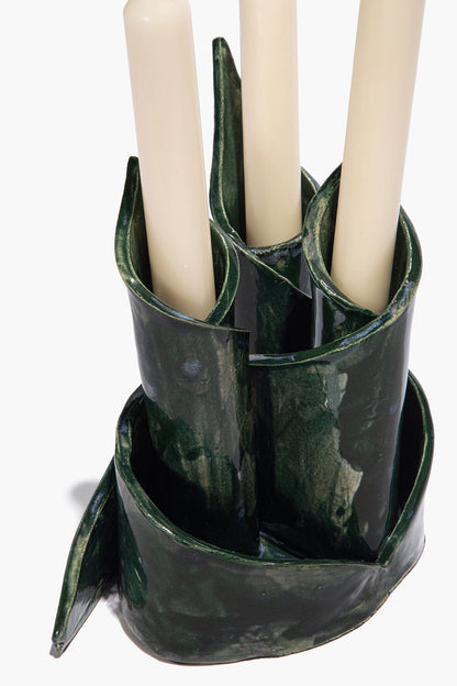 STAUD Home Ceramic Triple Candlestick Holder Forest Glaze