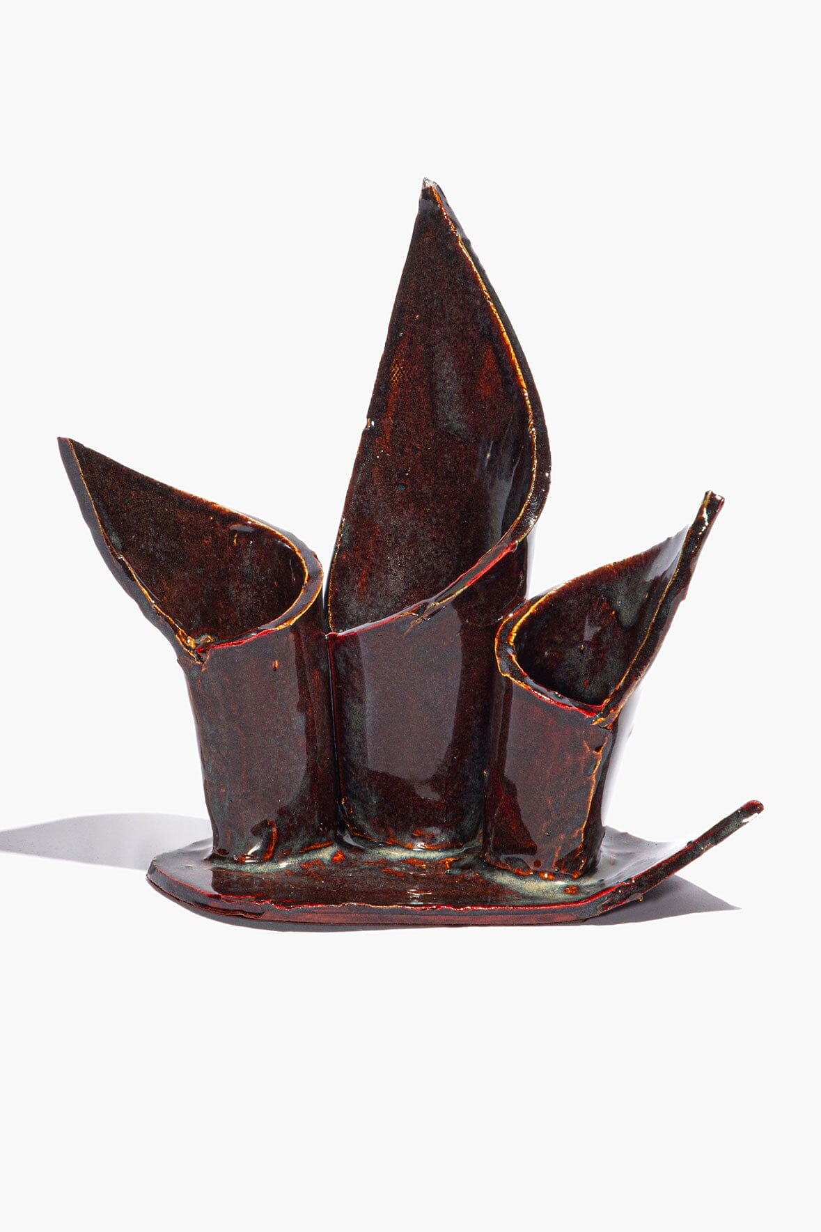 STAUD Home Ceramic Triple Candlestick Holder Maroon Wash Glaze