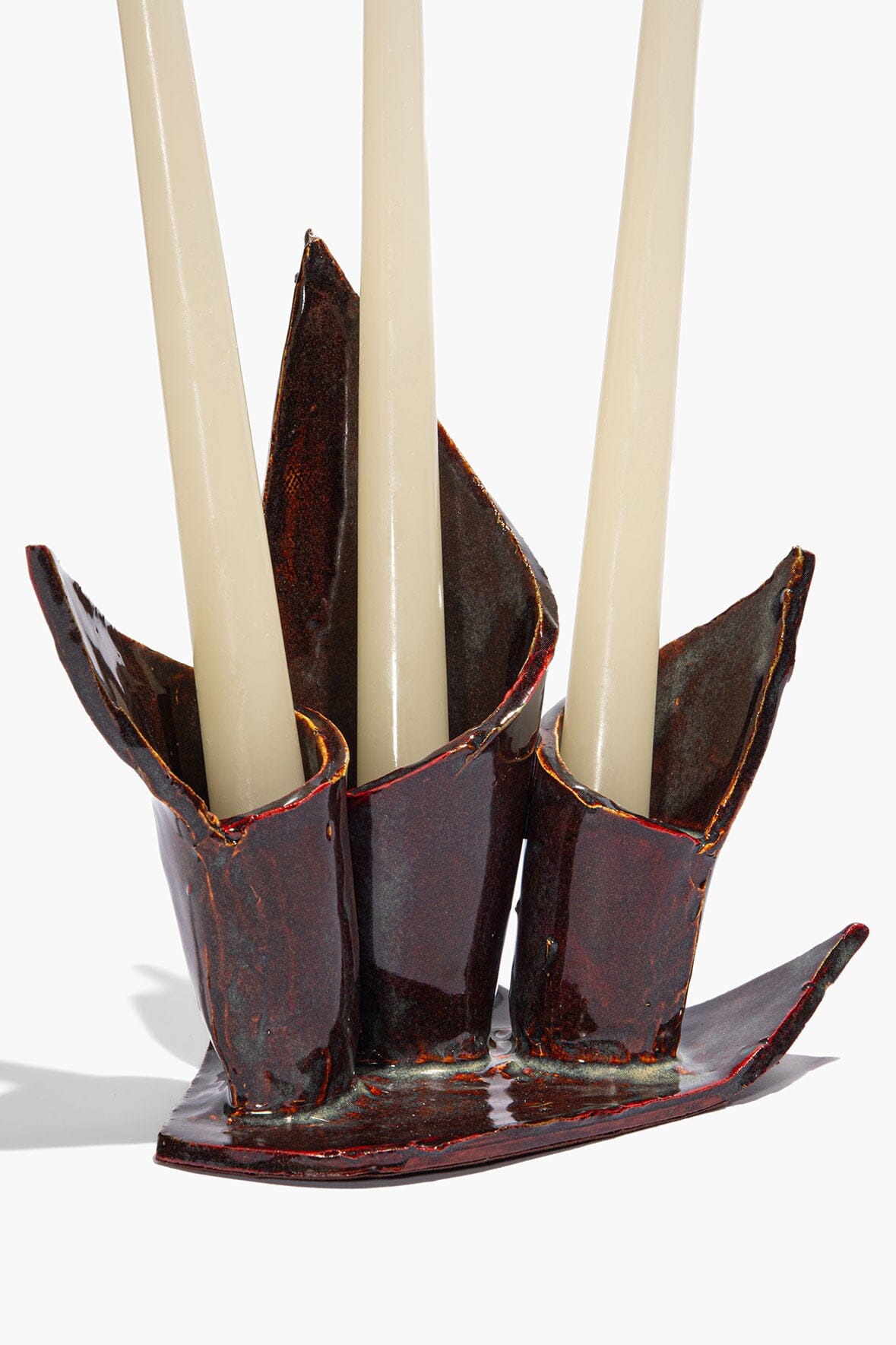 STAUD Home Ceramic Triple Candlestick Holder Maroon Wash Glaze