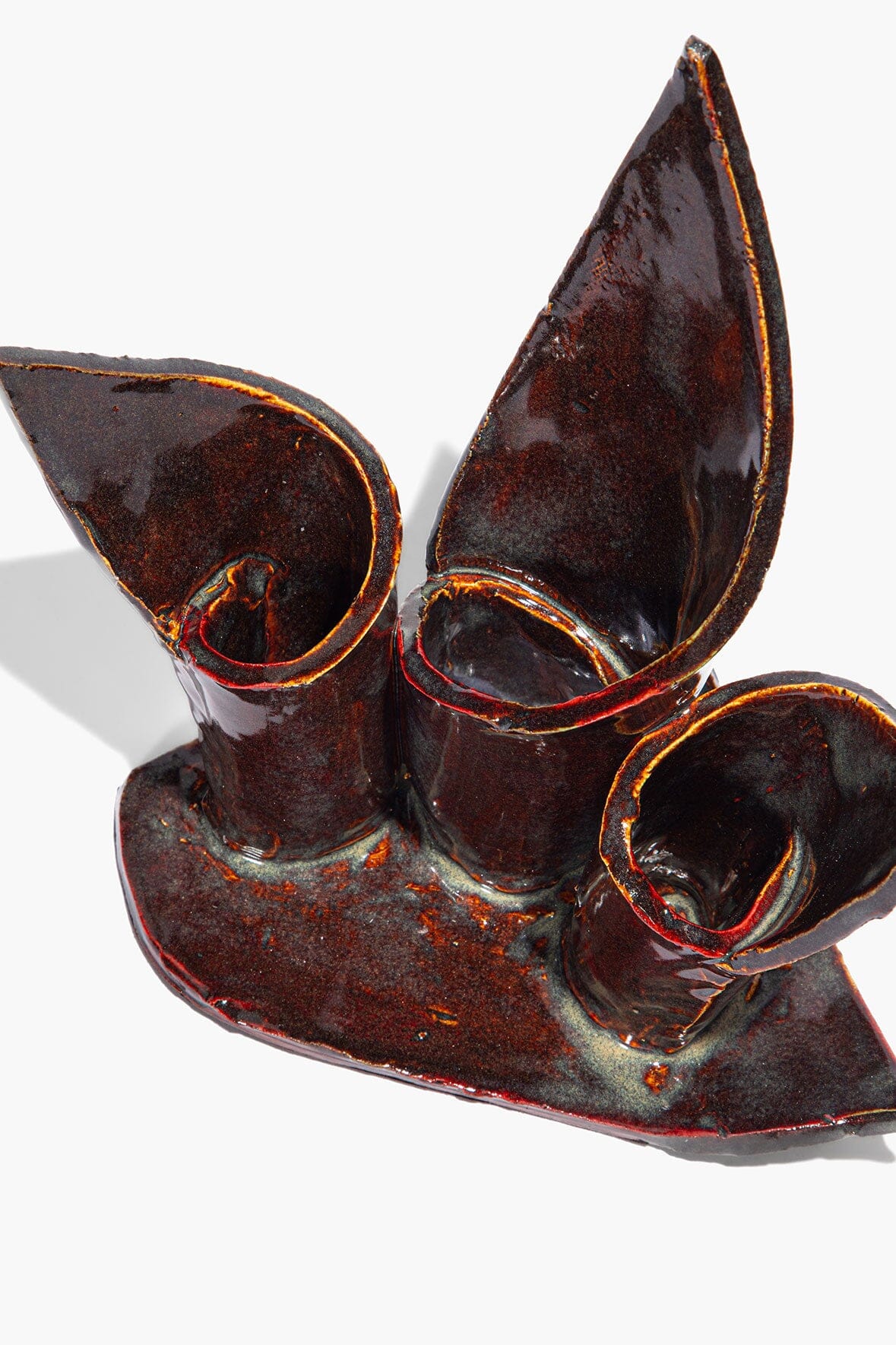 STAUD Home Ceramic Triple Candlestick Holder Maroon Wash Glaze