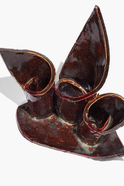 STAUD Home Ceramic Triple Candlestick Holder Maroon Wash Glaze