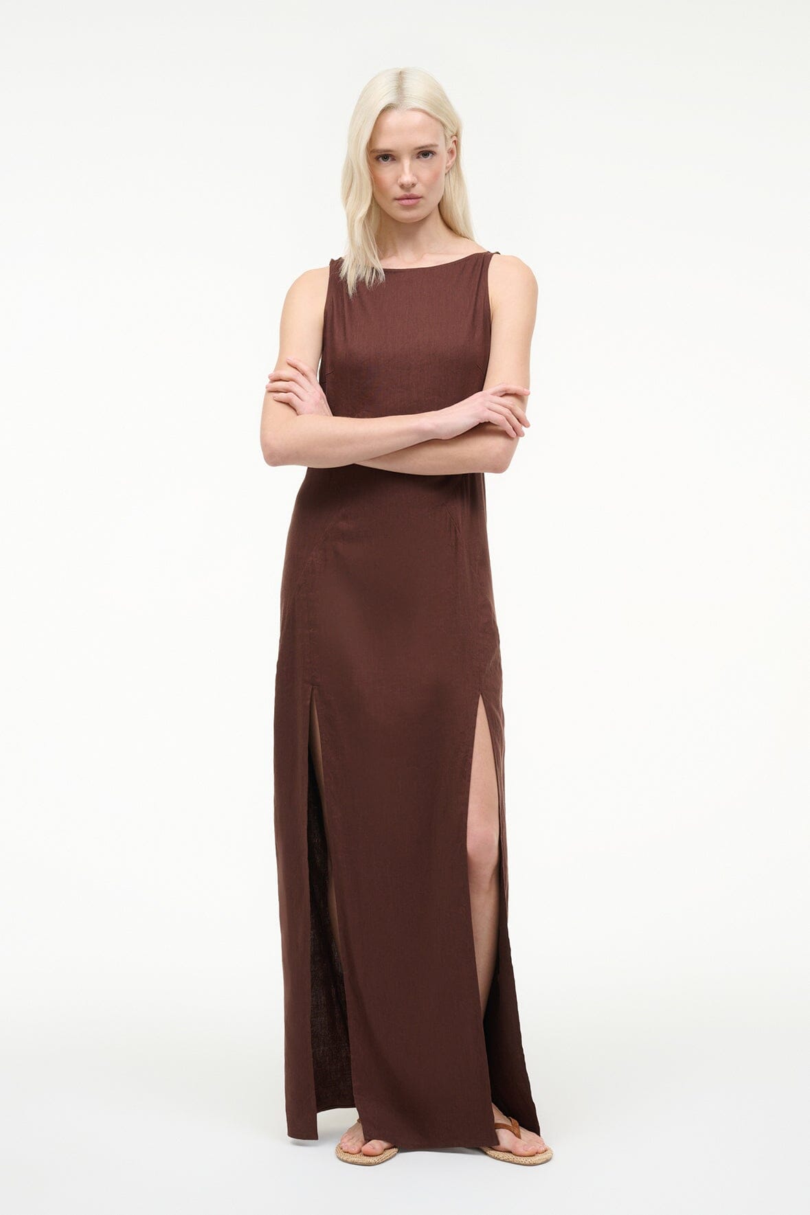 STAUD Sale|Dresses Costa Linen Dress Dark Oak