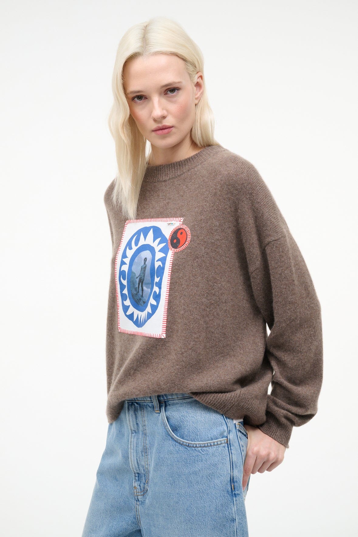 STAUD Sale Serrano Cashmere Relaxed Crew Truffle Patchwork
