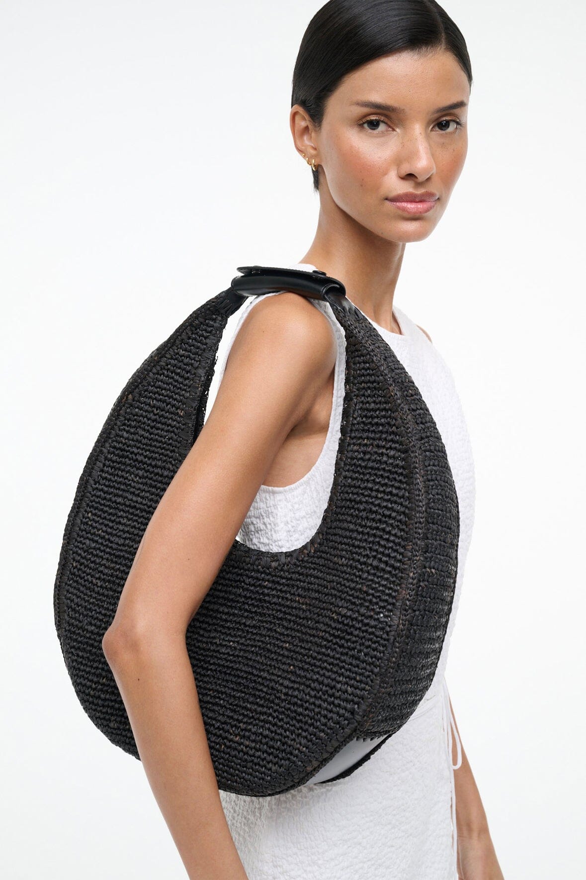 STAUD Sale Large Raffia Moon Tote Bag Black